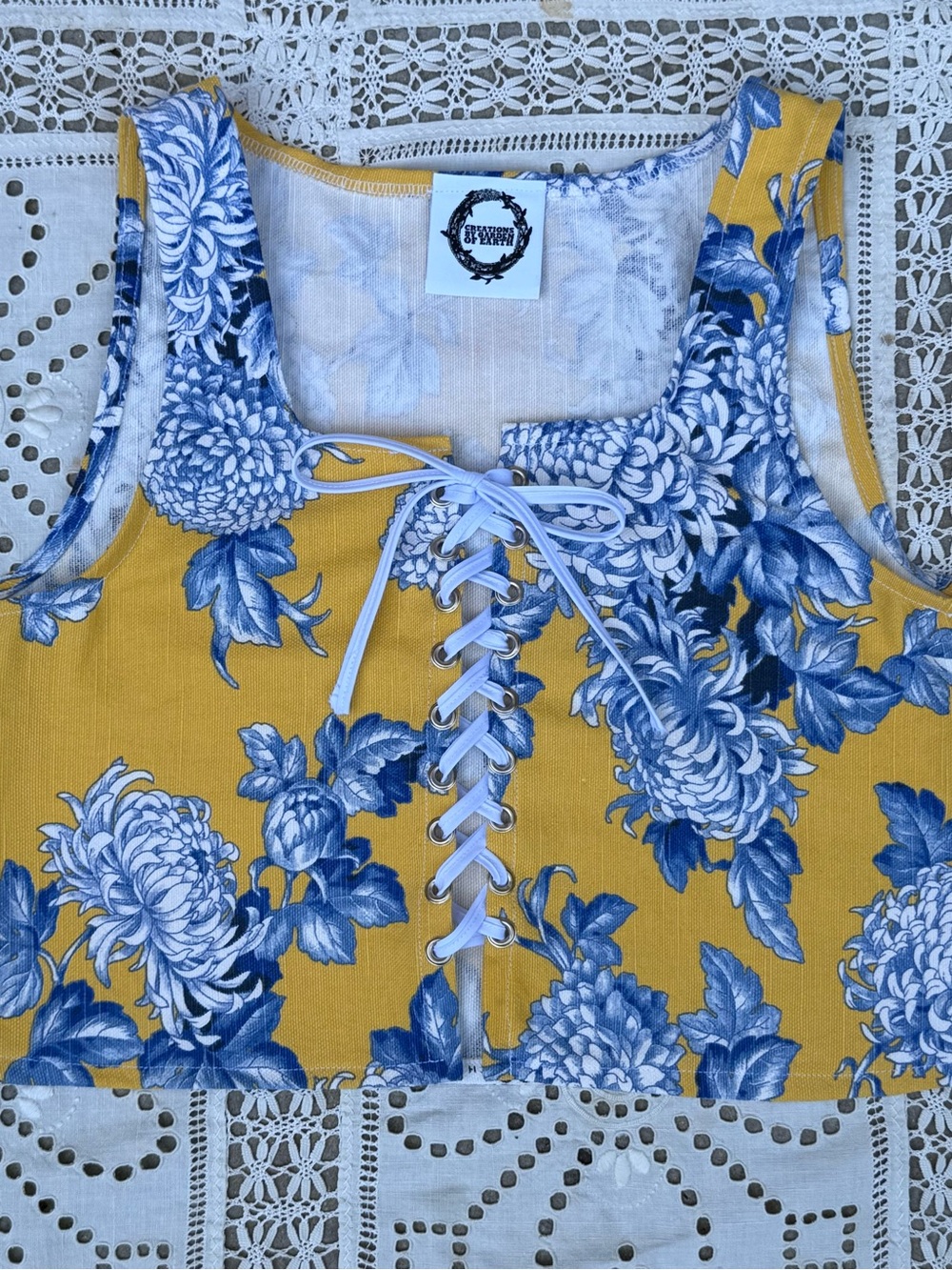 Lace-Up Floral Crop Tank Top - Blue Floral on Yellow - Picture 5 of 5